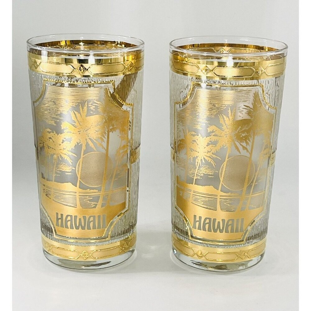 Set of 2 CULVER Hawaii Highball Glasses 22k Gold Gilded Glassware Palm Trees